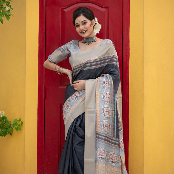 Jyoti Fashion Women's Black Soft Tussar Silk Traditional Print & Zari Border Saree with Blouse - Distacart