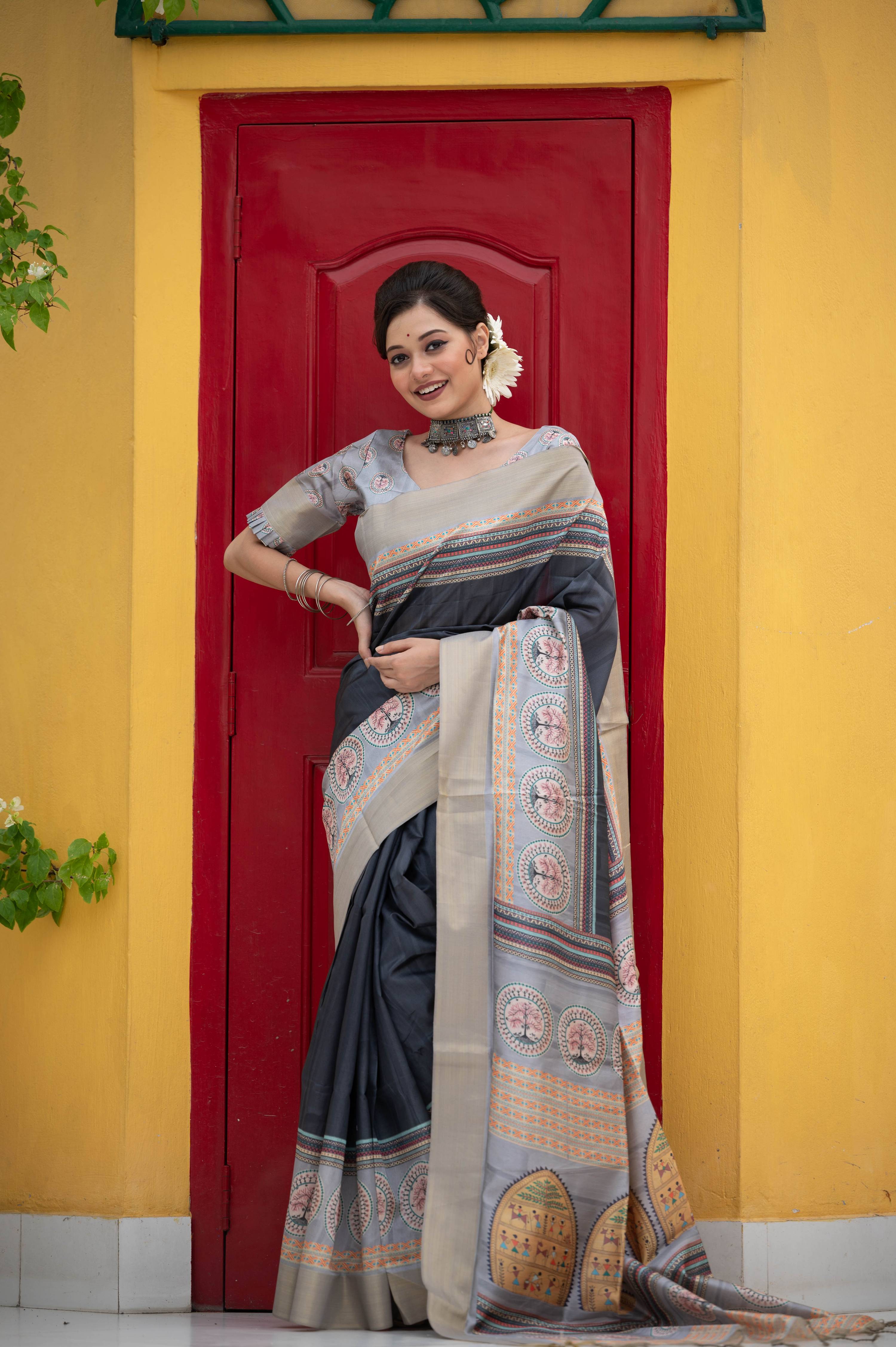 Jyoti Fashion Women's Black Soft Tussar Silk Traditional Print & Zari Border Saree with Blouse - Distacart