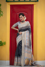 Thumbnail for Jyoti Fashion Women's Black Soft Tussar Silk Traditional Print & Zari Border Saree with Blouse - Distacart