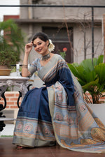 Thumbnail for Jyoti Fashion Women's Navy Blue Soft Tussar Silk Traditional Print & Zari Border Saree with Blouse - Distacart