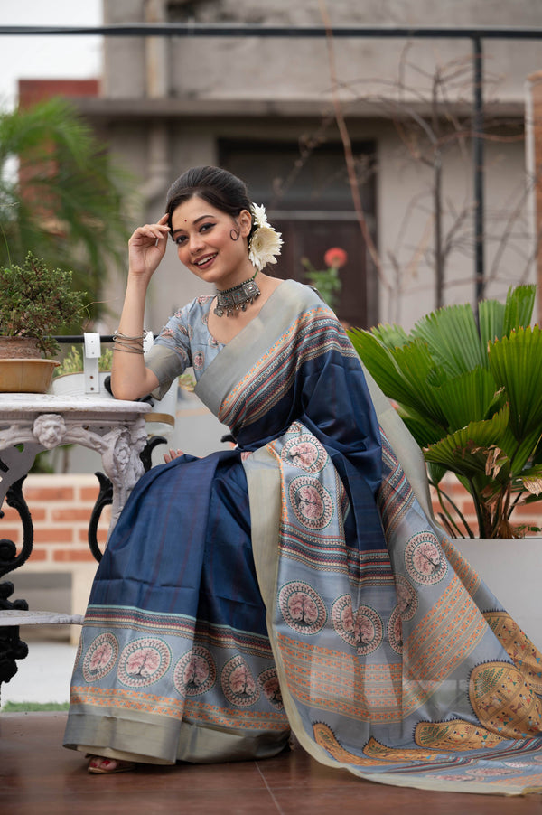 Jyoti Fashion Women's Navy Blue Soft Tussar Silk Traditional Print & Zari Border Saree with Blouse - Distacart