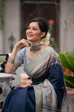 Thumbnail for Jyoti Fashion Women's Navy Blue Soft Tussar Silk Traditional Print & Zari Border Saree with Blouse - Distacart