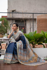 Thumbnail for Jyoti Fashion Women's Navy Blue Soft Tussar Silk Traditional Print & Zari Border Saree with Blouse - Distacart