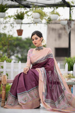 Thumbnail for Jyoti Fashion Women's Wine Soft Tussar Silk Traditional Print & Zari Border Saree with Blouse - Distacart