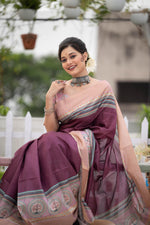 Thumbnail for Jyoti Fashion Women's Wine Soft Tussar Silk Traditional Print & Zari Border Saree with Blouse - Distacart