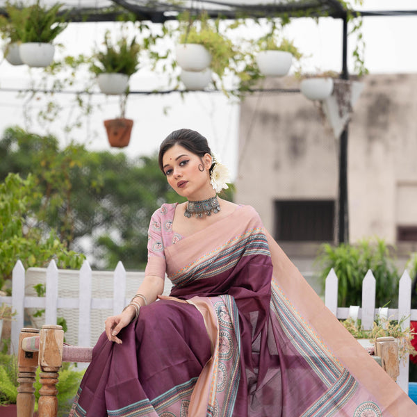 Jyoti Fashion Women's Wine Soft Tussar Silk Traditional Print & Zari Border Saree with Blouse - Distacart