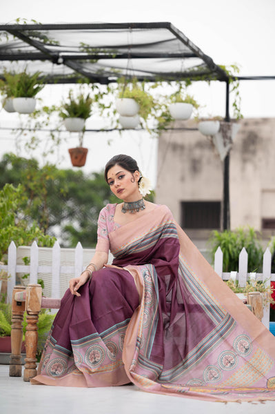 Jyoti Fashion Women's Wine Soft Tussar Silk Traditional Print & Zari Border Saree with Blouse - Distacart