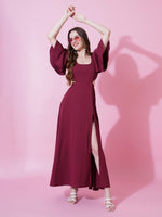 Thumbnail for Jyoti Fashion Women's Maroon Crepe Waist Cut Flared Western Dress - Distacart