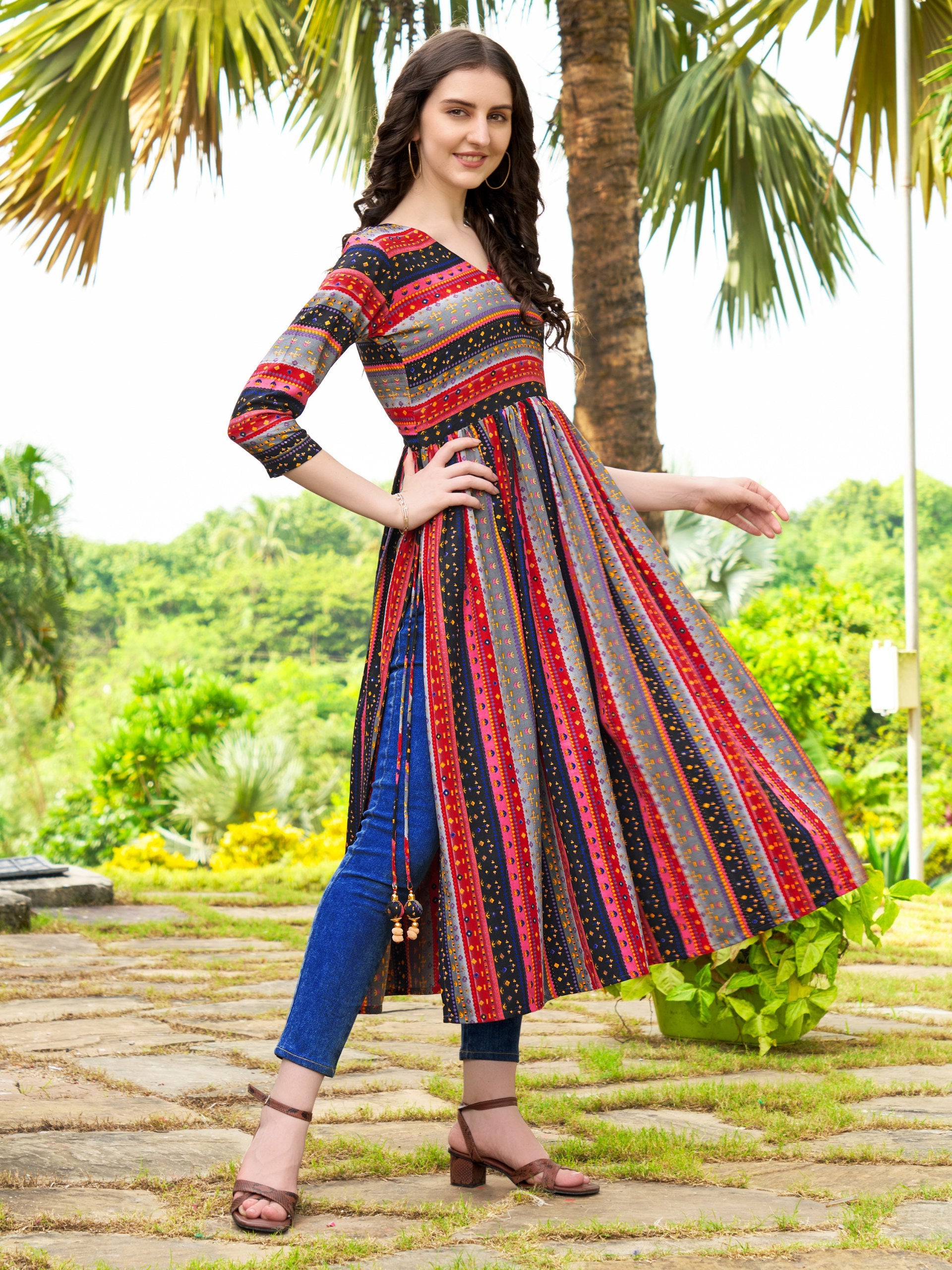 Jyoti Fashion Women's Black Rayon Geometric Printed Casual Flared kurta - Distacart
