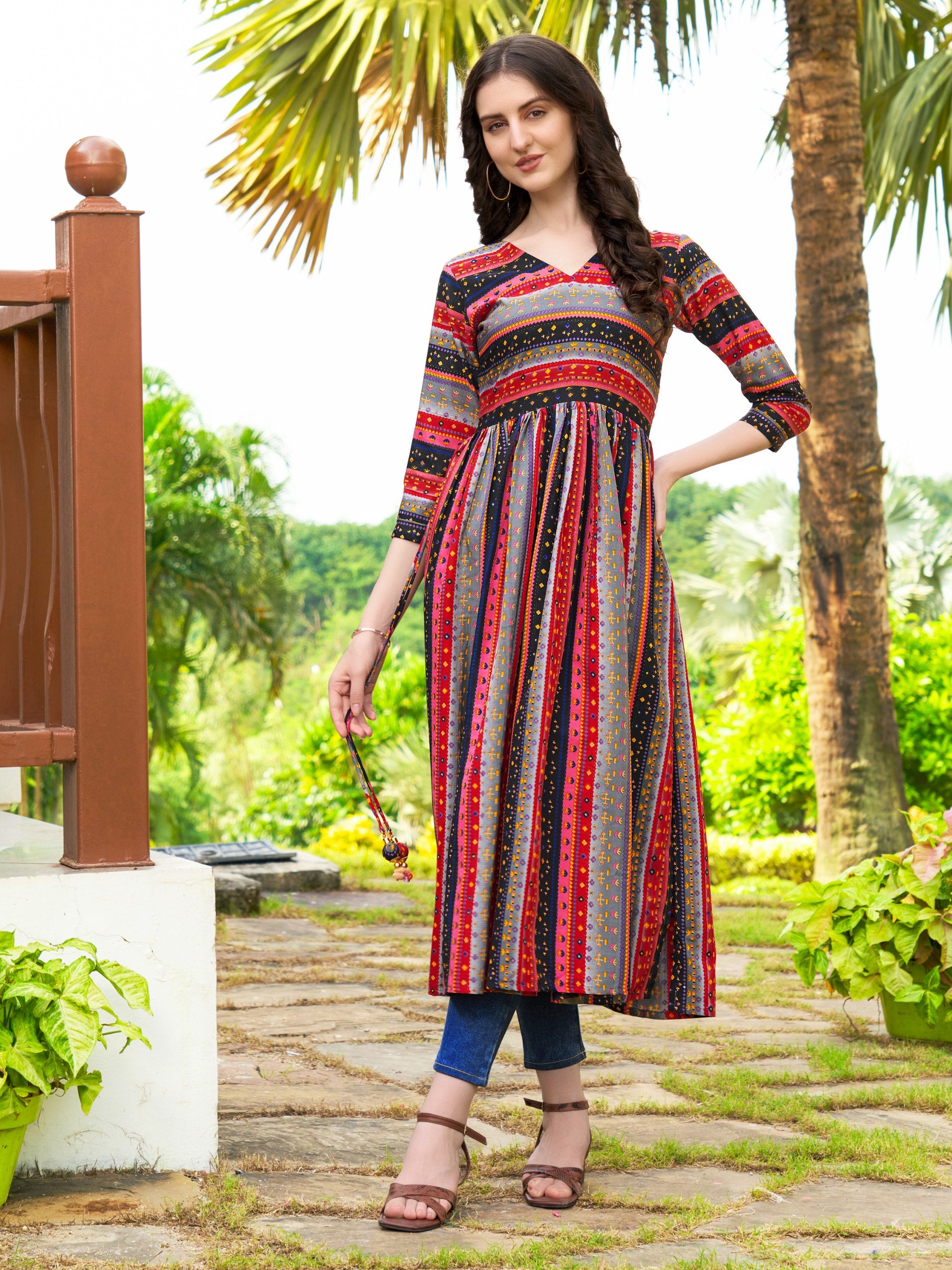 Jyoti Fashion Women's Black Rayon Geometric Printed Casual Flared kurta - Distacart