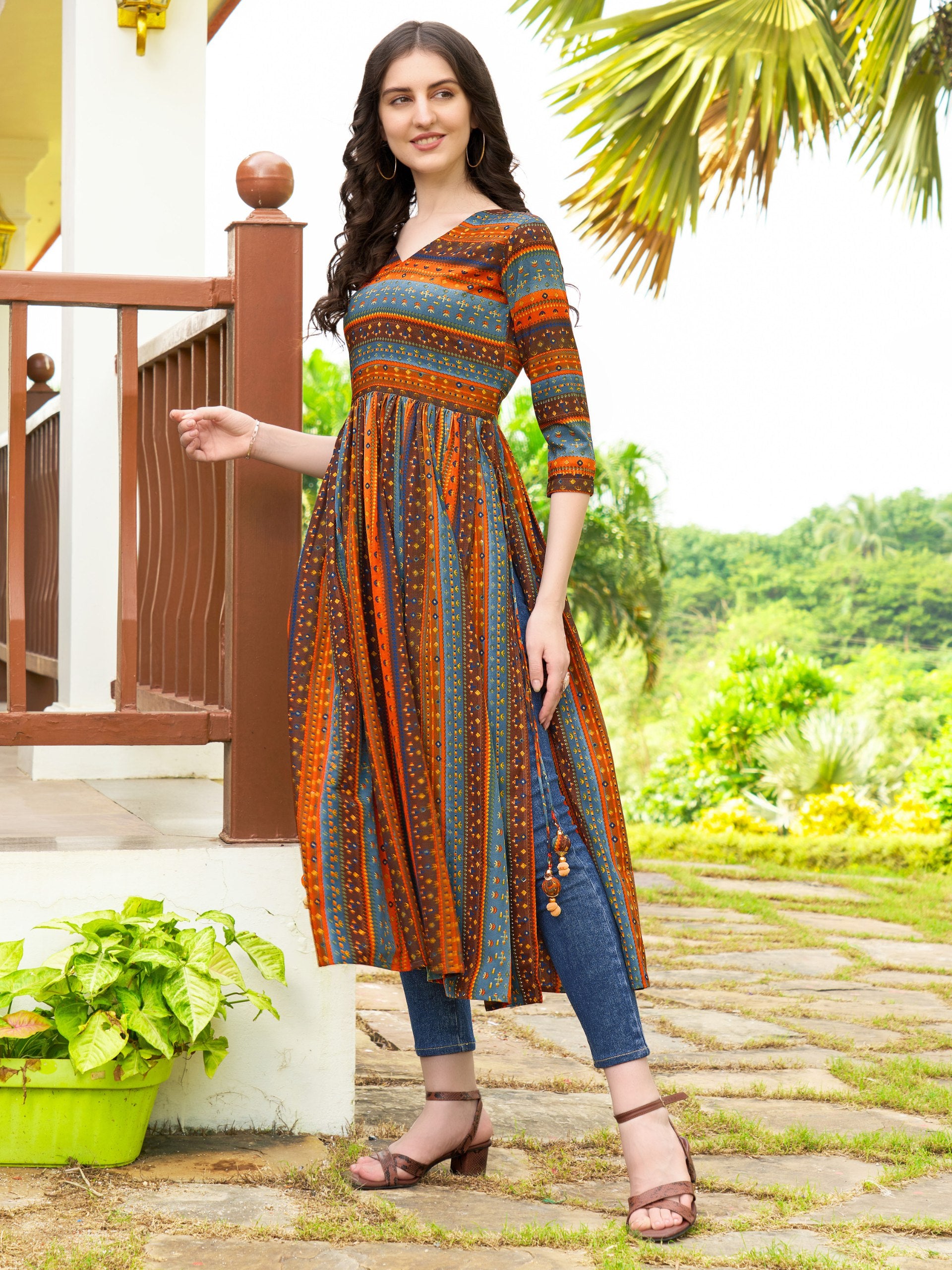 Jyoti Fashion Women's Orange Rayon Geometric Printed Casual Flared kurta - Distacart