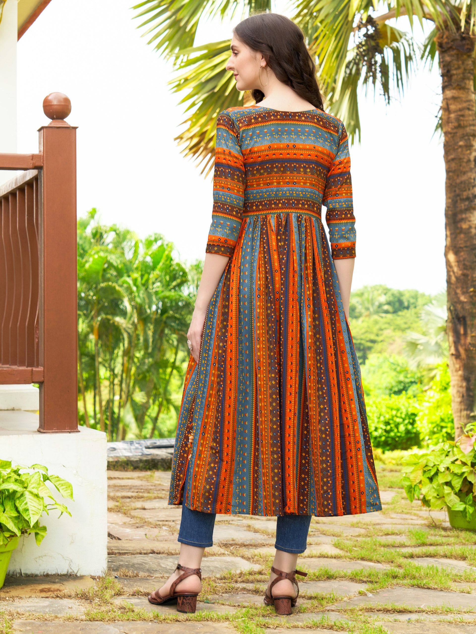 Jyoti Fashion Women's Orange Rayon Geometric Printed Casual Flared kurta - Distacart