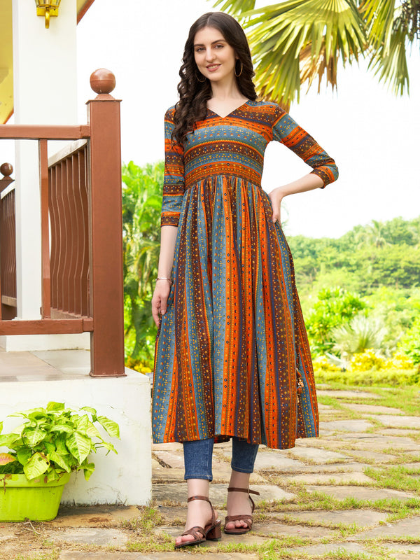 Jyoti Fashion Women's Orange Rayon Geometric Printed Casual Flared kurta - Distacart