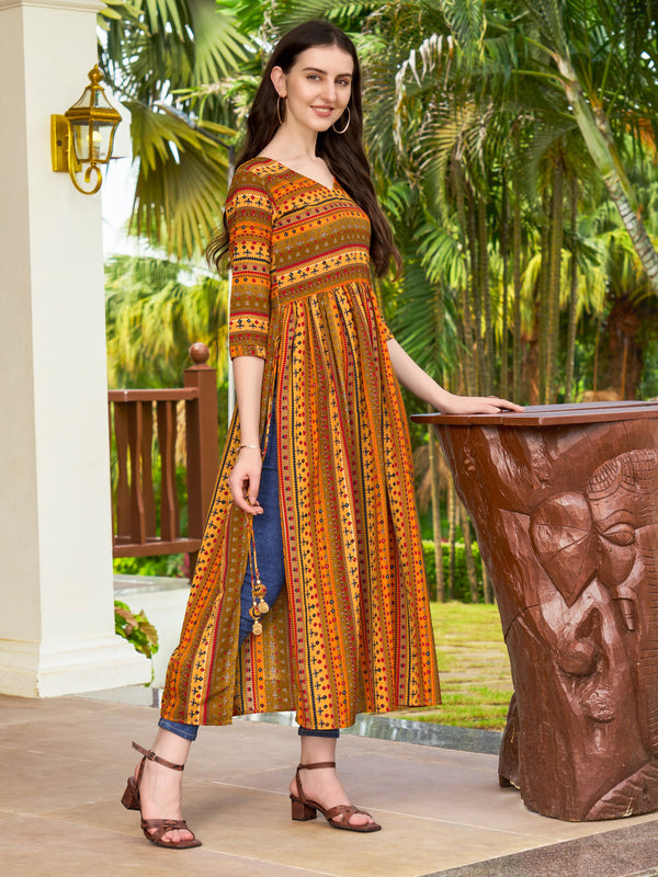 Jyoti Fashion Women's Yellow Rayon Geometric Printed Casual Flared kurta - Distacart