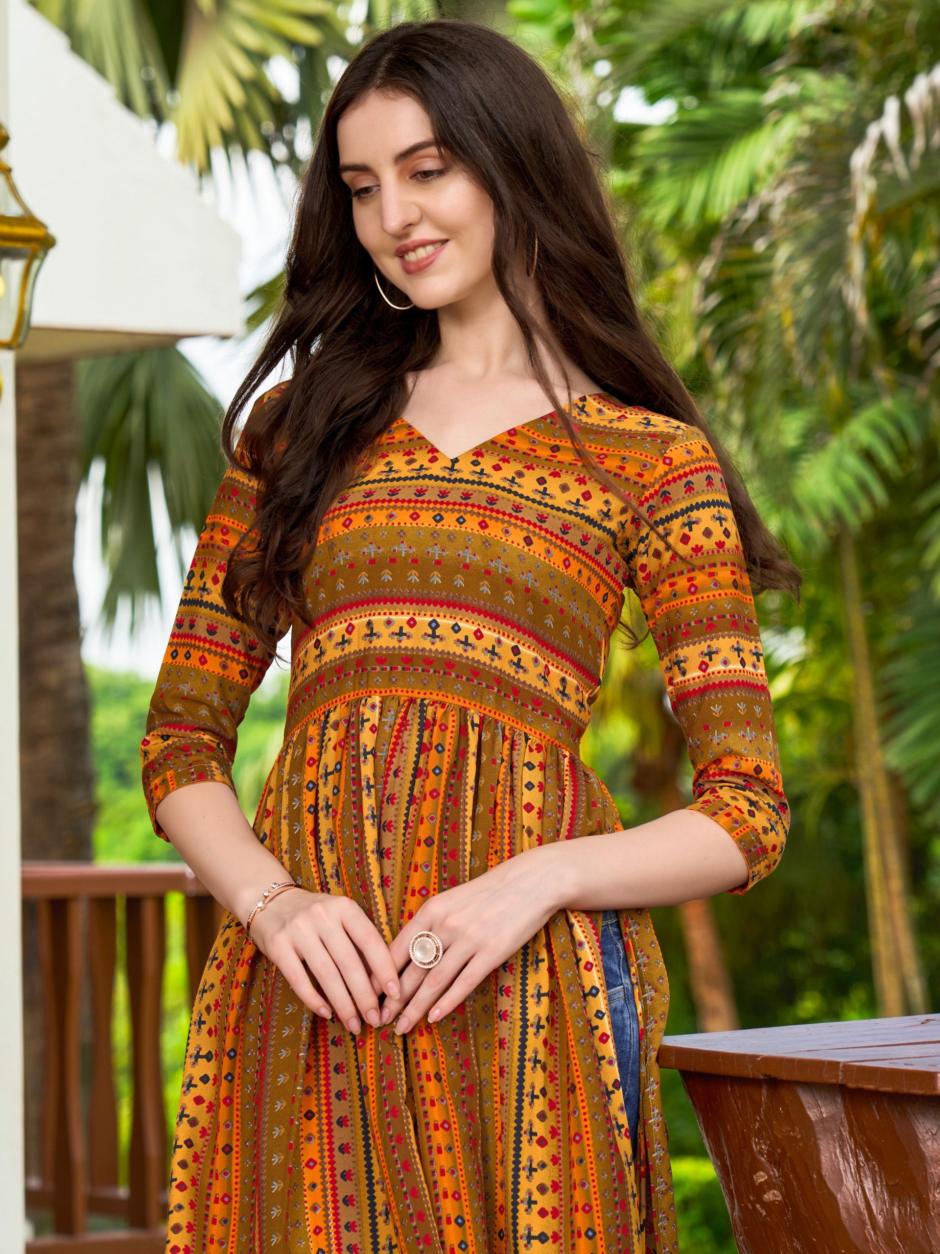 Jyoti Fashion Women's Yellow Rayon Geometric Printed Casual Flared kurta - Distacart
