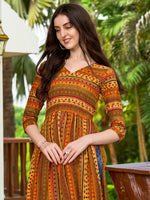 Thumbnail for Jyoti Fashion Women's Yellow Rayon Geometric Printed Casual Flared kurta - Distacart