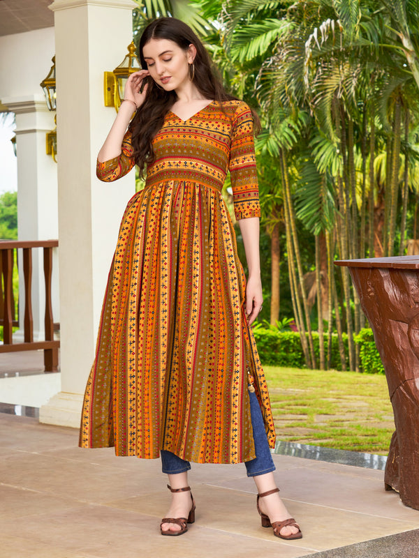 Jyoti Fashion Women's Yellow Rayon Geometric Printed Casual Flared kurta - Distacart
