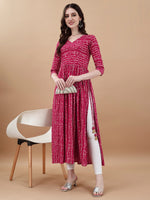 Thumbnail for Jyoti Fashion Women's Rani Pink Rayon Bandhani Printed Casual Flared kurta - Distacart