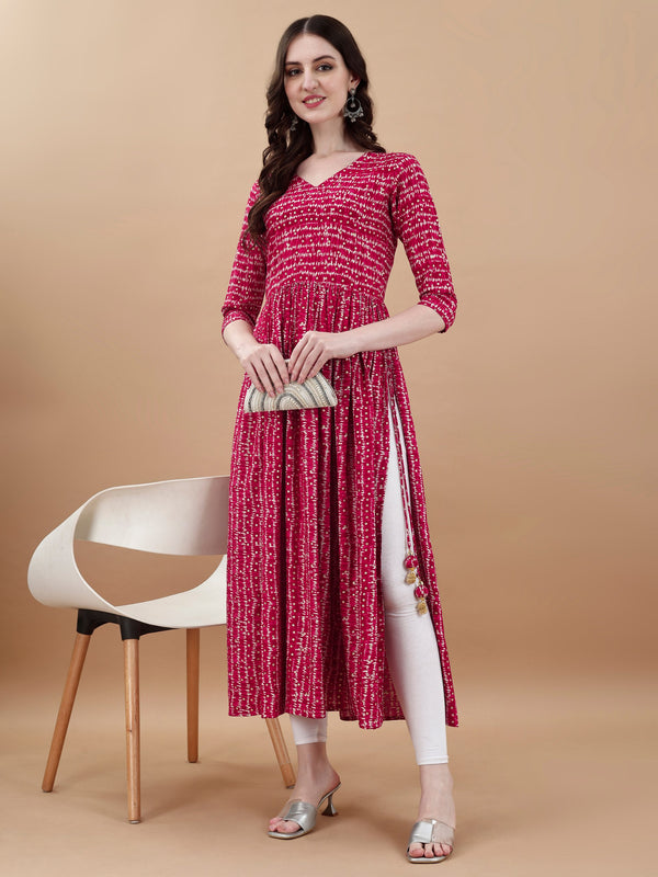 Jyoti Fashion Women's Rani Pink Rayon Bandhani Printed Casual Flared kurta - Distacart