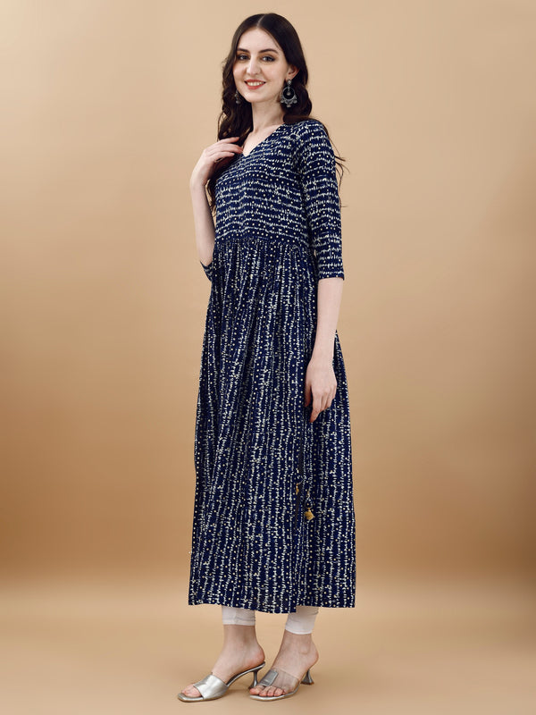 Jyoti Fashion Women's Navy Blue Rayon Bandhani Printed Casual Flared kurta - Distacart