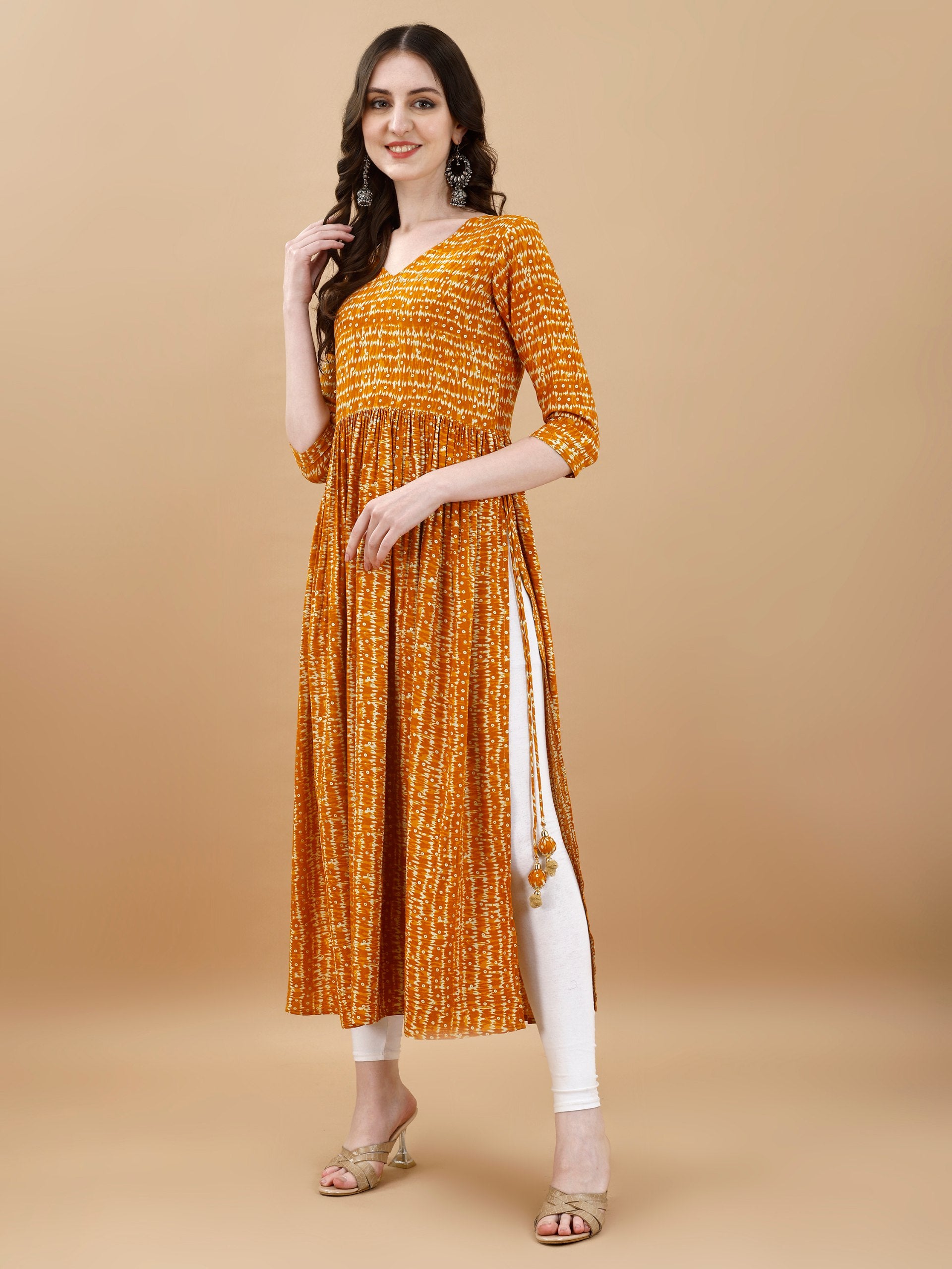 Jyoti Fashion Women's Mustard Rayon Bandhani Printed Casual Flared kurta - Distacart