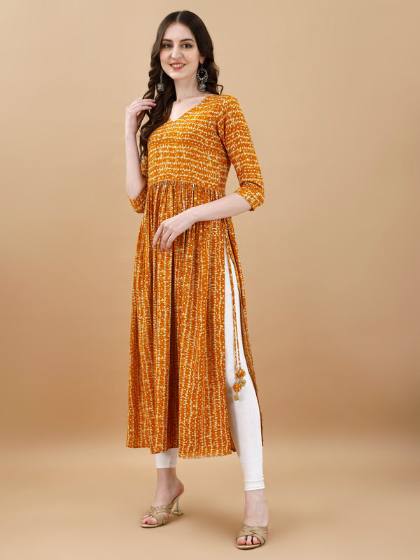 Jyoti Fashion Women's Mustard Rayon Bandhani Printed Casual Flared kurta - Distacart