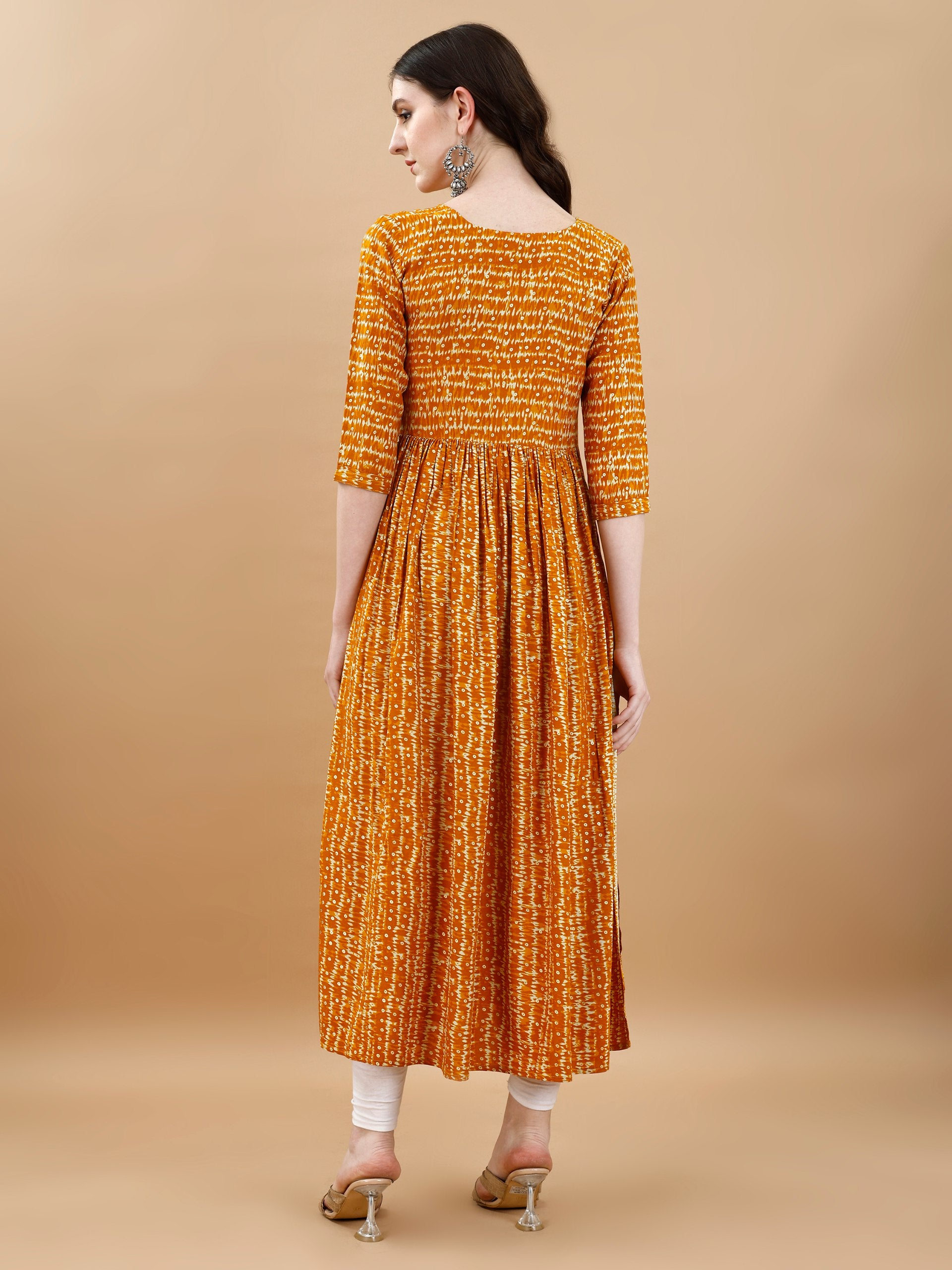 Jyoti Fashion Women's Mustard Rayon Bandhani Printed Casual Flared kurta - Distacart