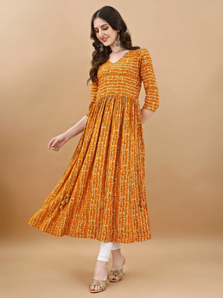 Jyoti Fashion Women's Mustard Rayon Bandhani Printed Casual Flared kurta - Distacart