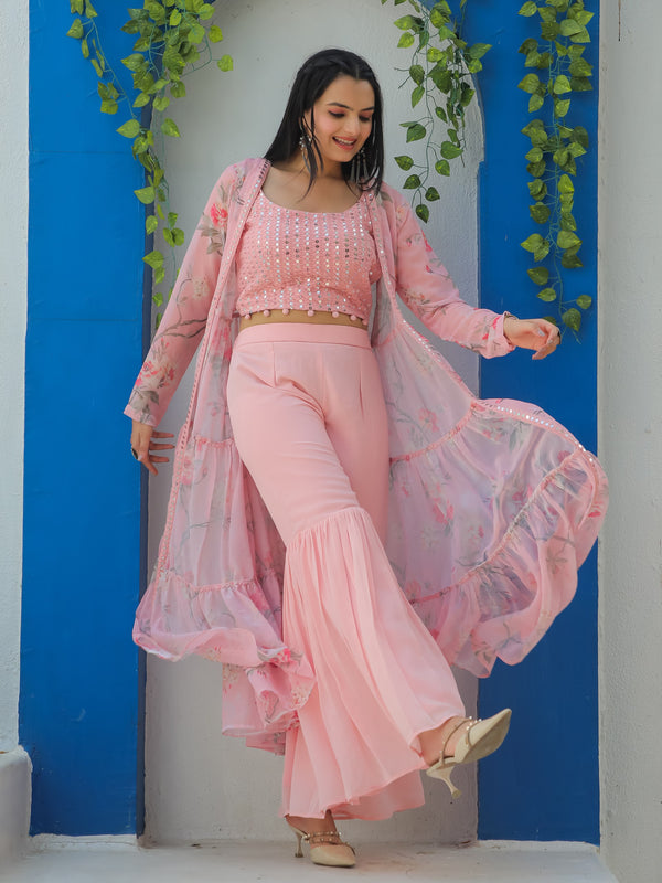 Jyoti Fashion Women's Baby Pink Georgette Sequins Choli with Printed Shrug & Sharara Set - Distacart