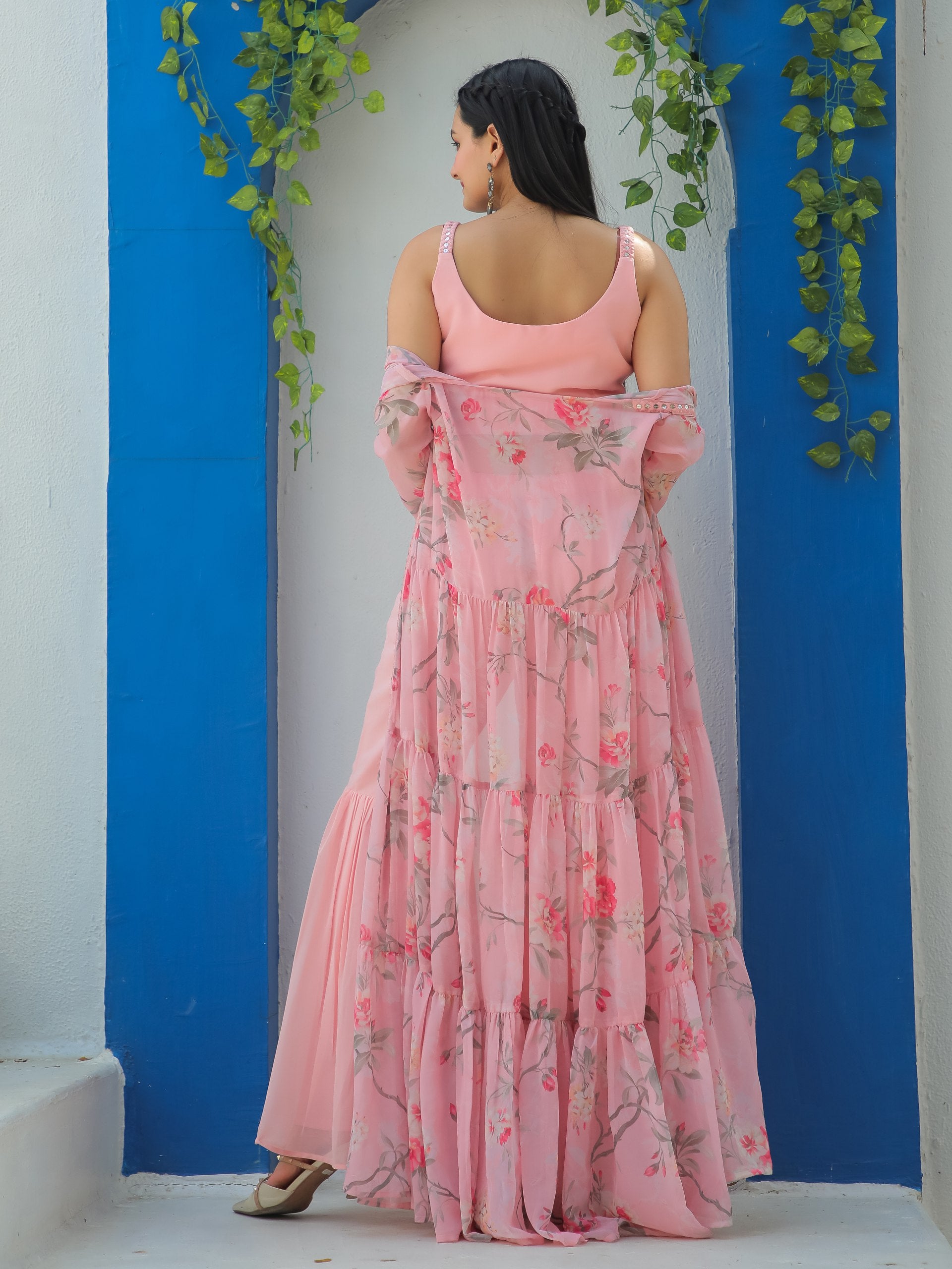 Jyoti Fashion Women's Baby Pink Georgette Sequins Choli with Printed Shrug & Sharara Set - Distacart