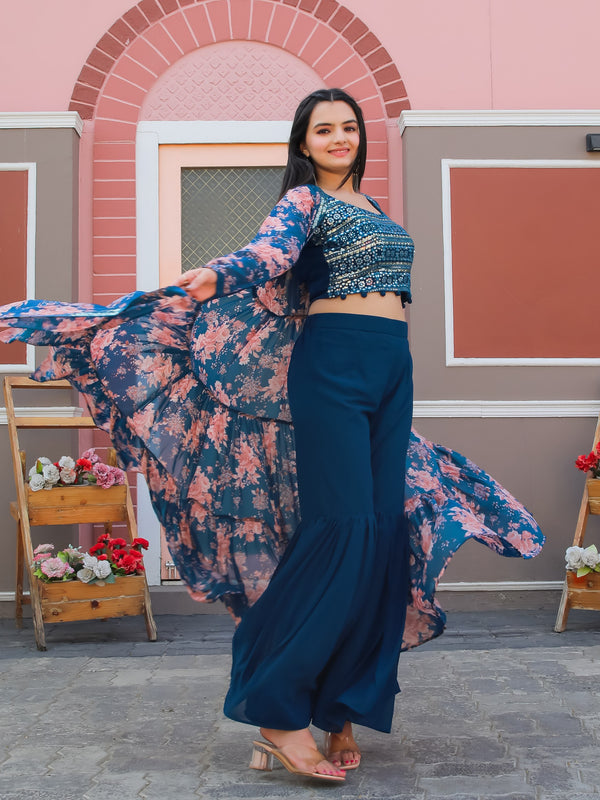 Jyoti Fashion Women's Teal Blue Georgette Sequins Choli with Printed Shrug & Sharara Set - Distacart