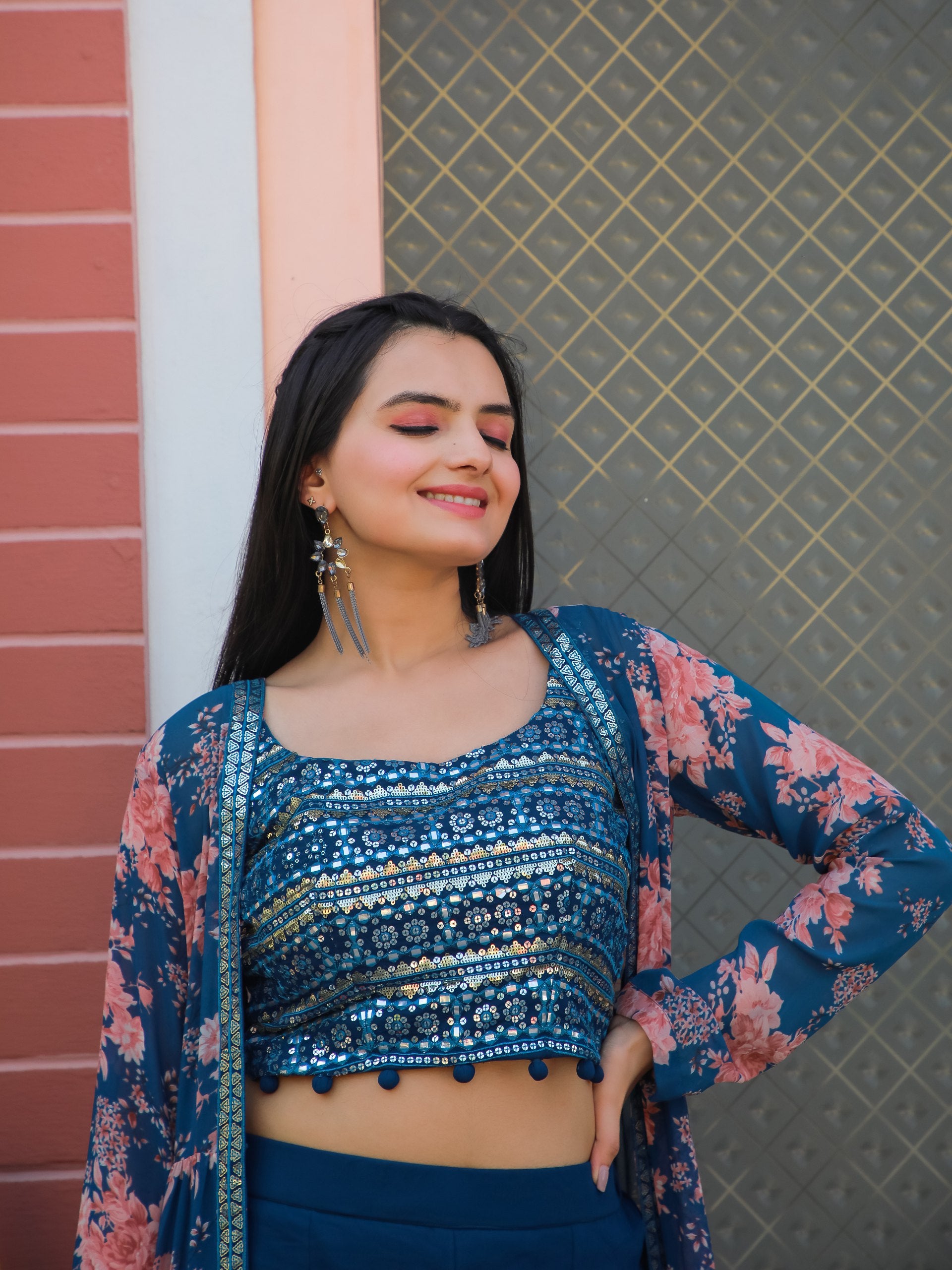 Jyoti Fashion Women's Teal Blue Georgette Sequins Choli with Printed Shrug & Sharara Set - Distacart