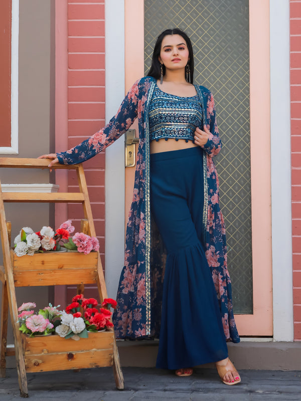 Jyoti Fashion Women's Teal Blue Georgette Sequins Choli with Printed Shrug & Sharara Set - Distacart