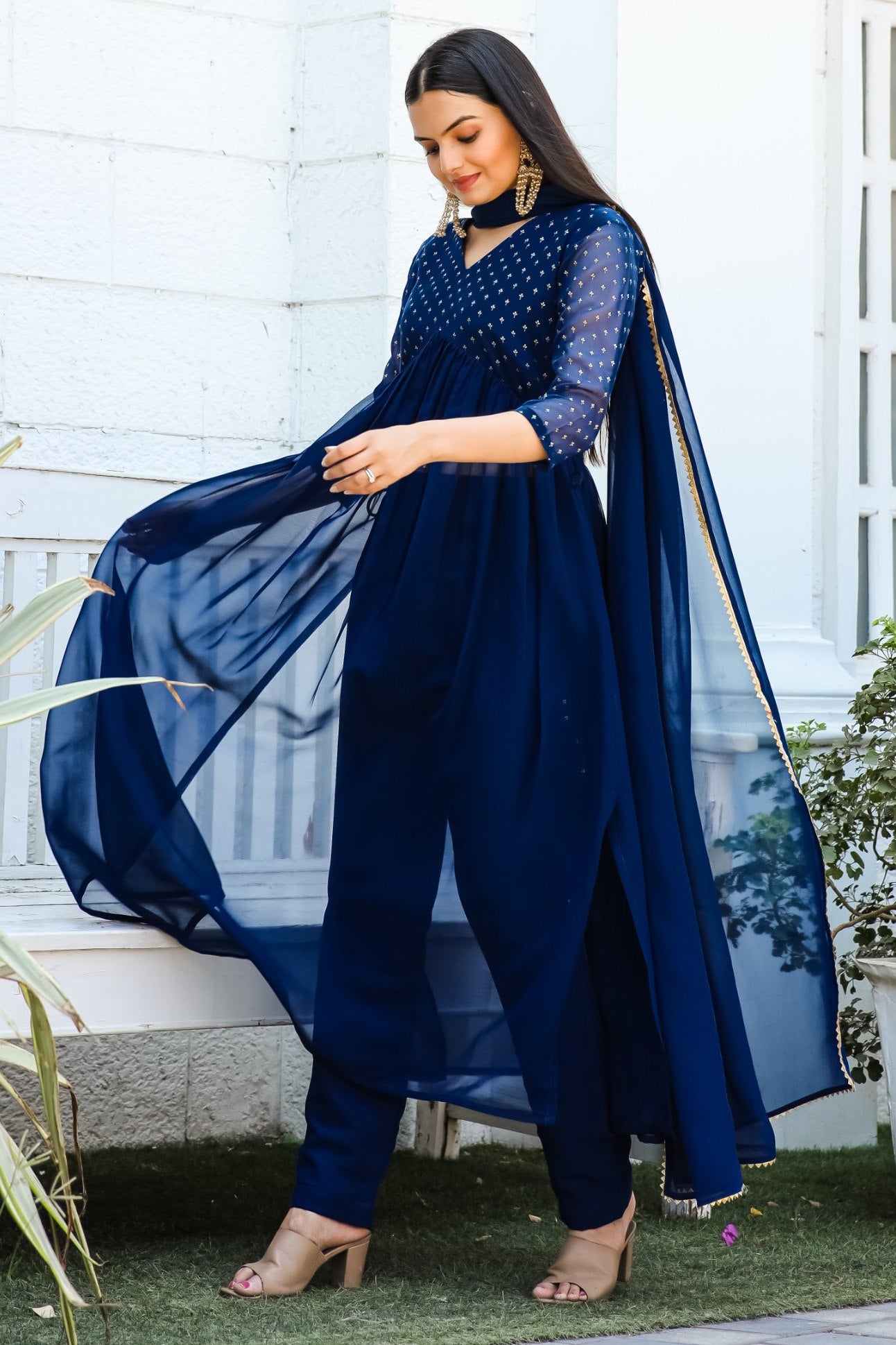Jyoti Fashion Women's Blue Georgette Foil Printed Kurta Set with Dupatta - Distacart
