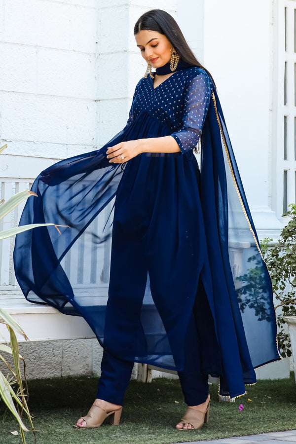 Jyoti Fashion Women's Blue Georgette Foil Printed Kurta Set with Dupatta - Distacart