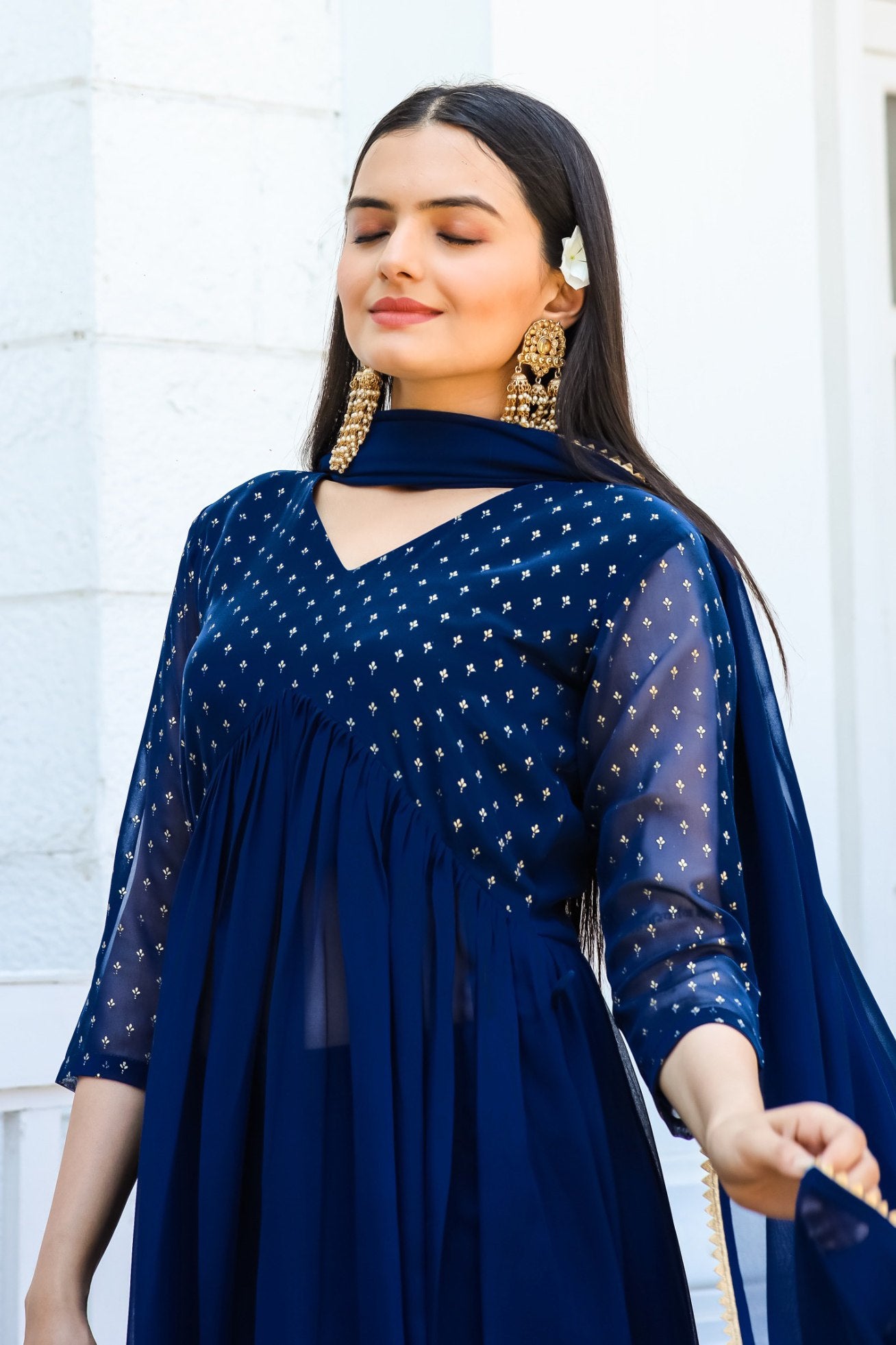 Jyoti Fashion Women's Blue Georgette Foil Printed Kurta Set with Dupatta - Distacart