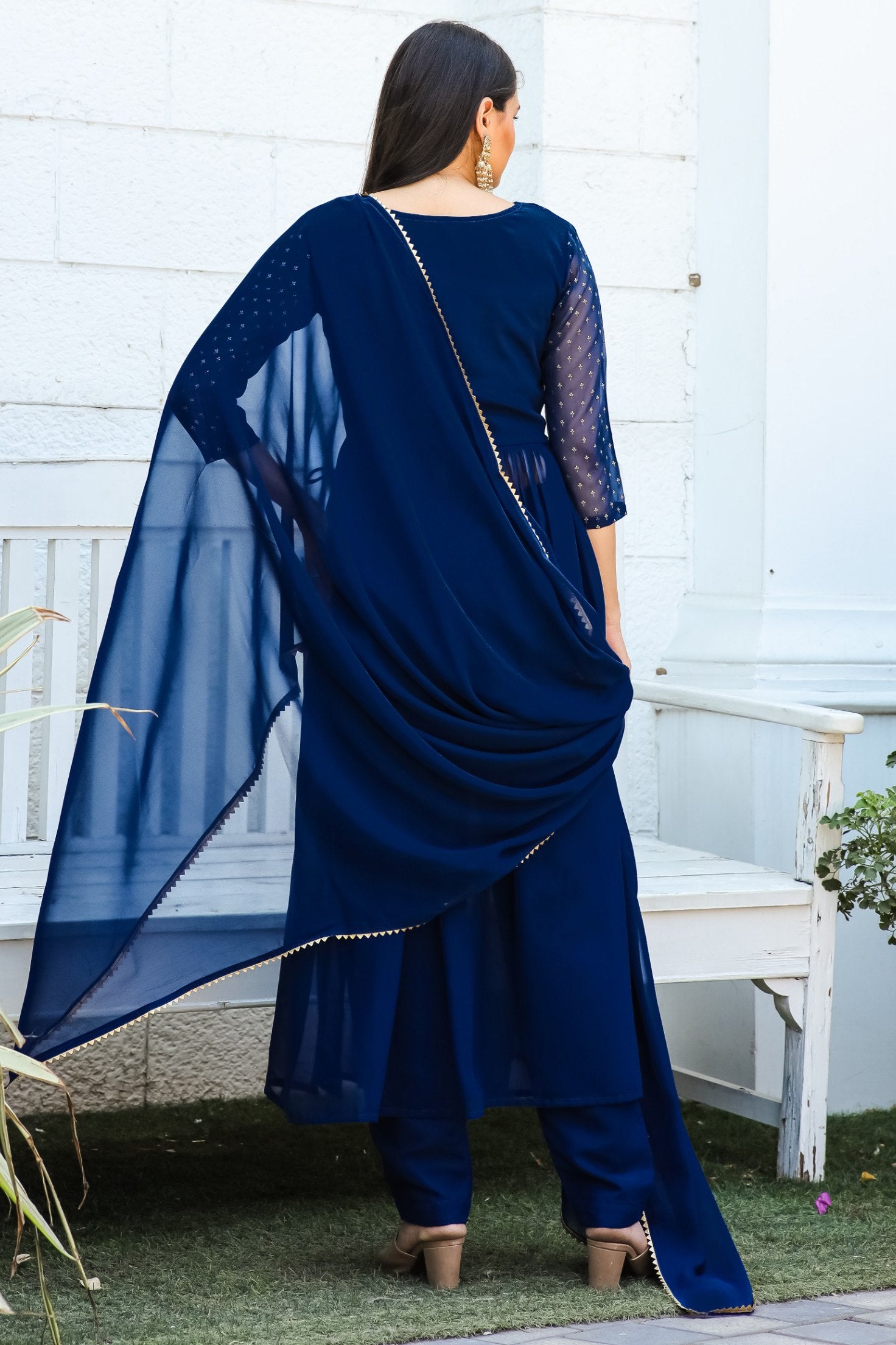 Jyoti Fashion Women's Blue Georgette Foil Printed Kurta Set with Dupatta - Distacart