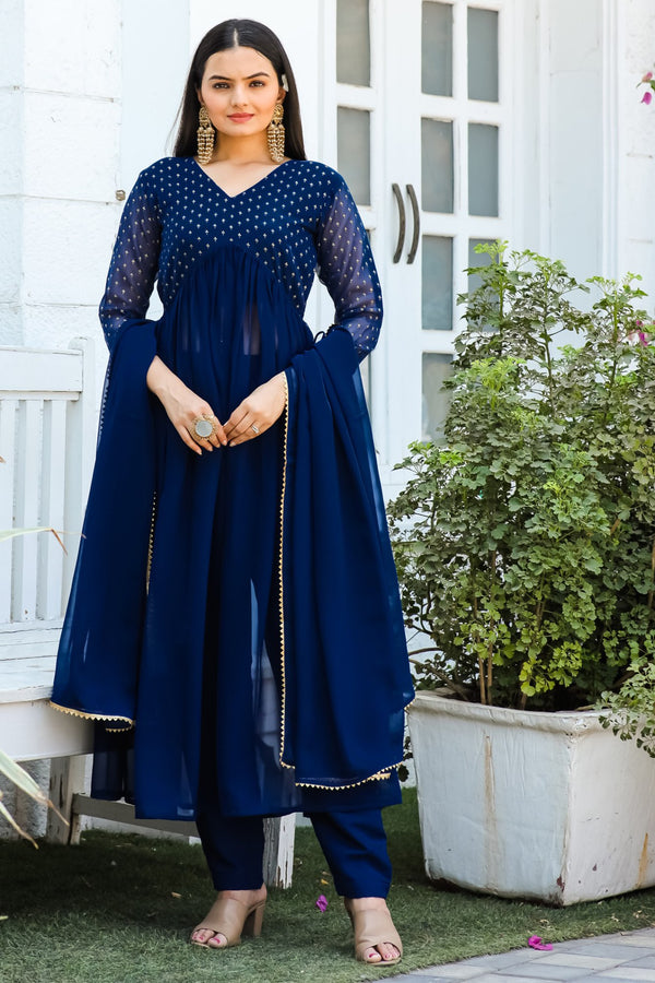 Jyoti Fashion Women's Blue Georgette Foil Printed Kurta Set with Dupatta - Distacart