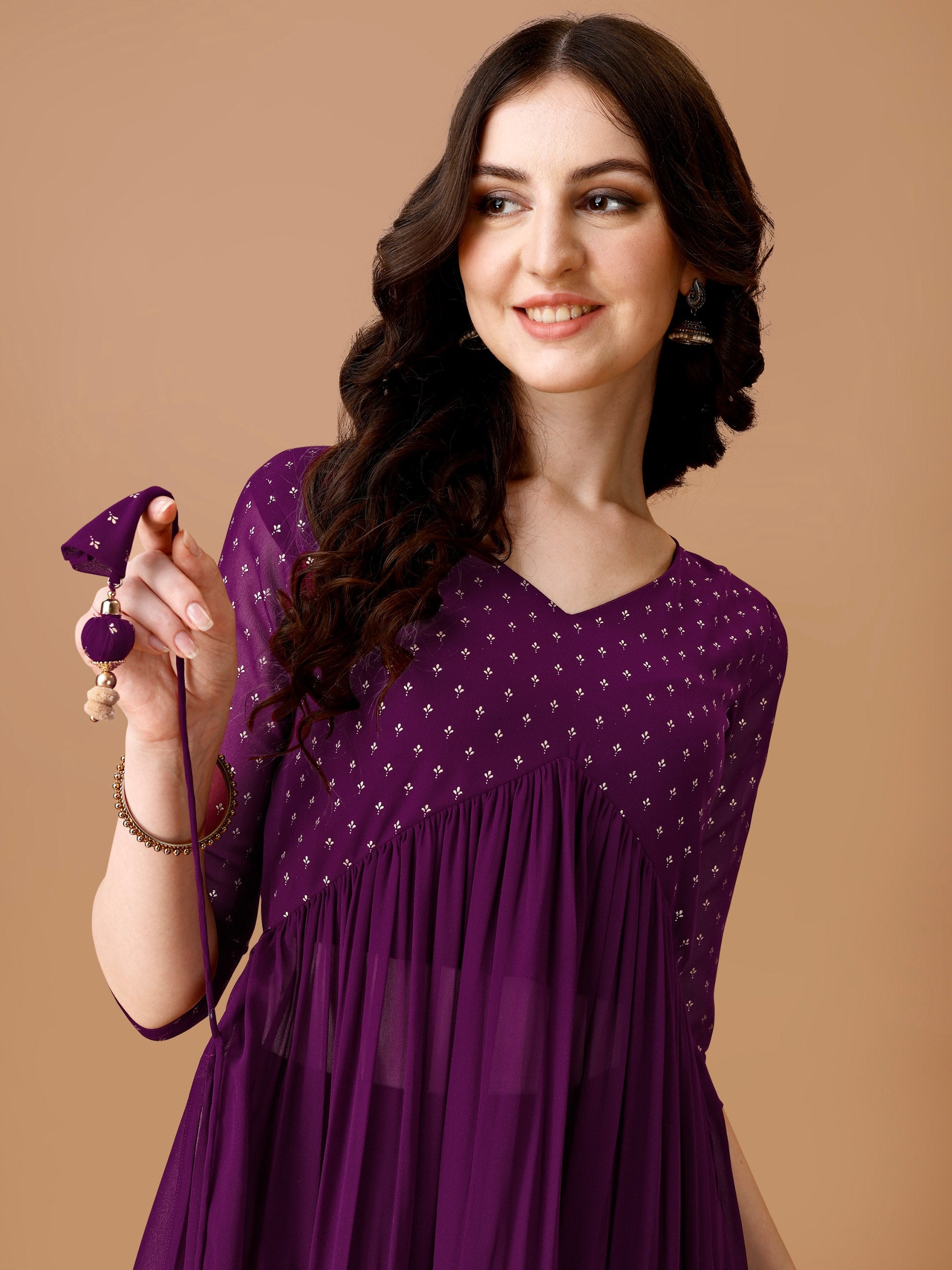 Jyoti Fashion Women's Wine Georgette Foil Printed Kurta Set with Dupatta - Distacart