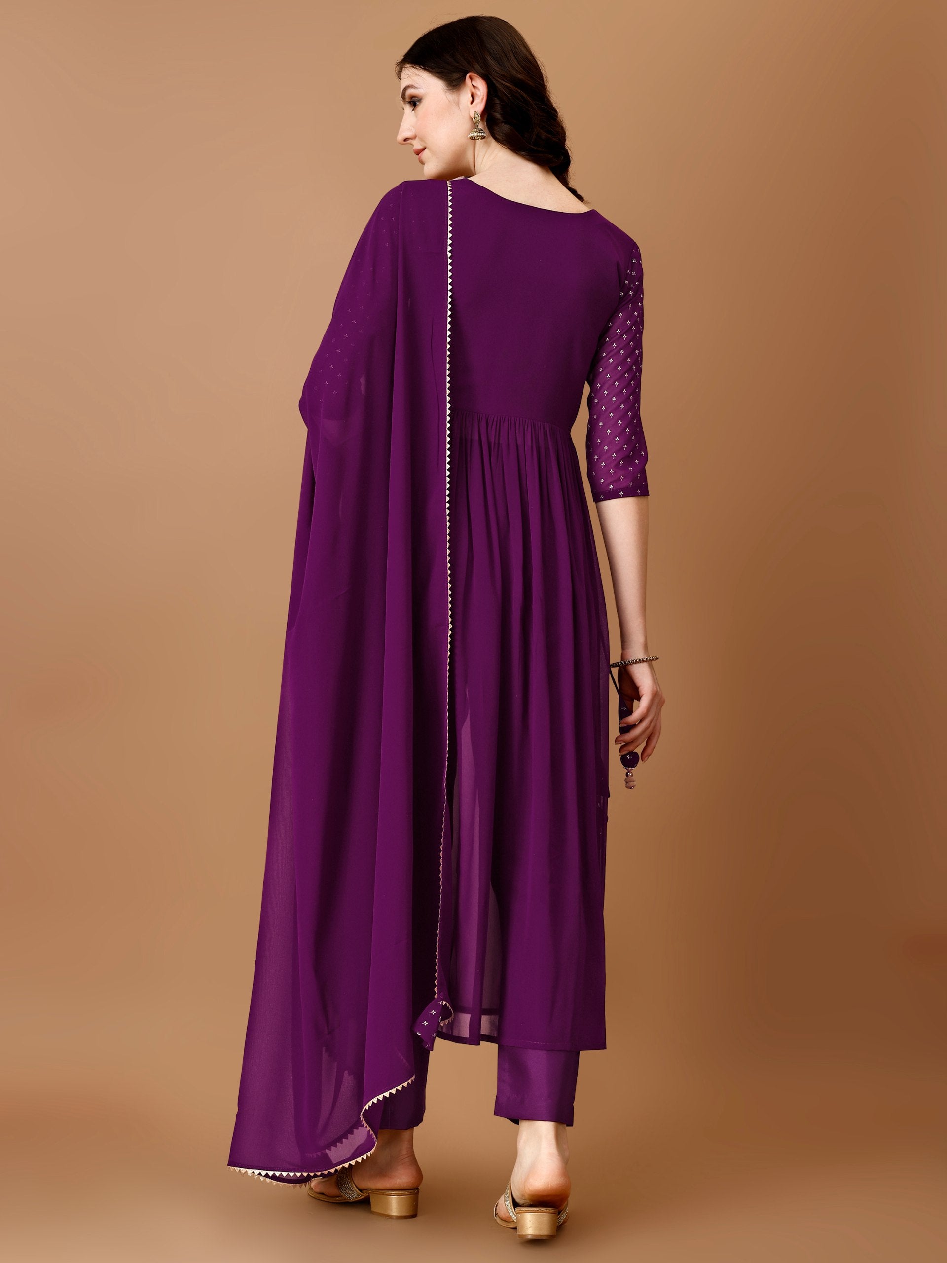 Jyoti Fashion Women's Wine Georgette Foil Printed Kurta Set with Dupatta - Distacart
