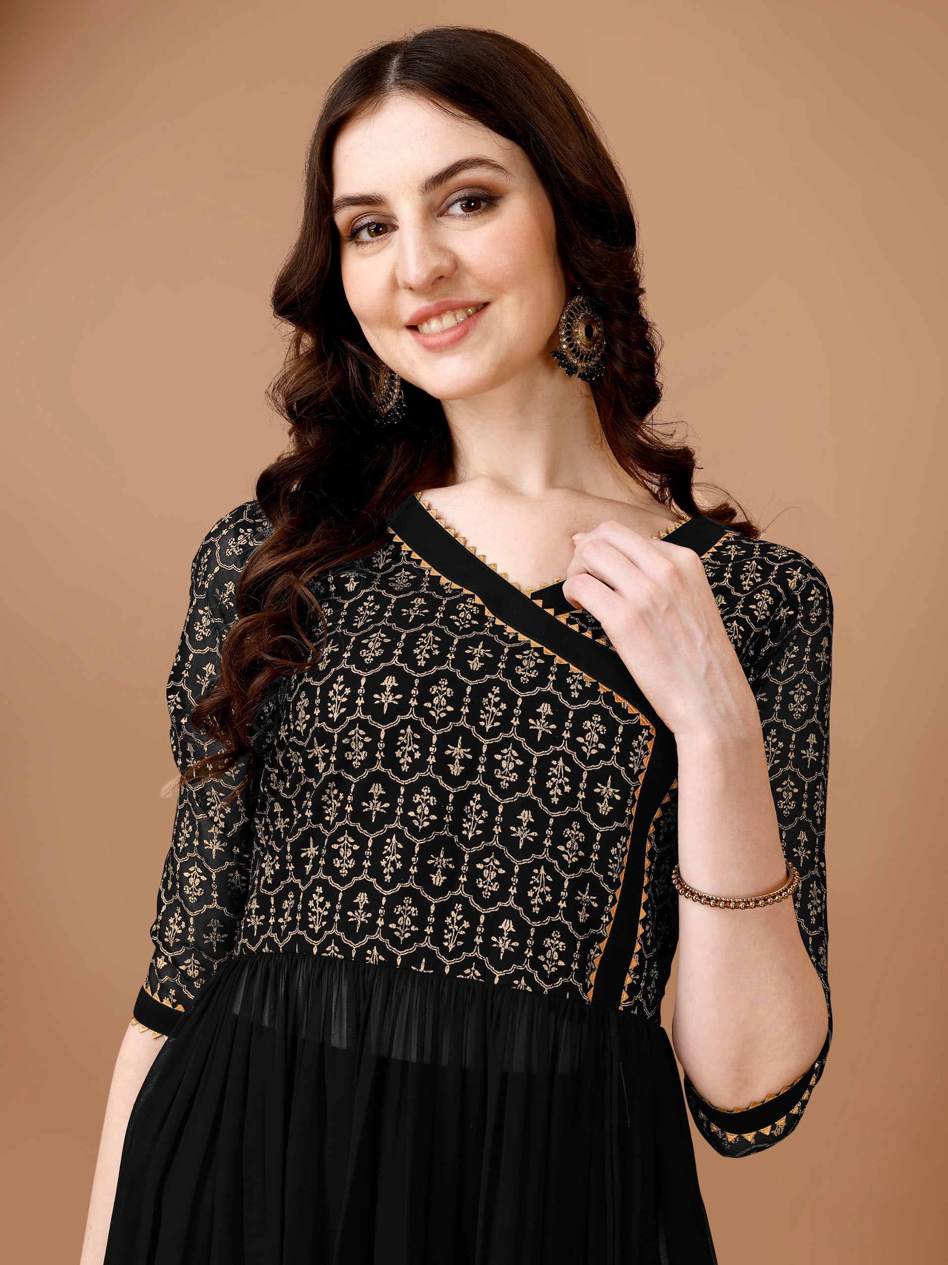 Jyoti Fashion Women's Black Georgette Foil Printed Kurta Set with Dupatta - Distacart
