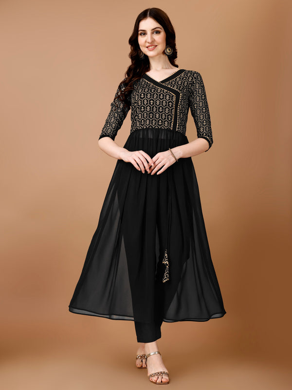 Jyoti Fashion Women's Black Georgette Foil Printed Kurta Set with Dupatta - Distacart
