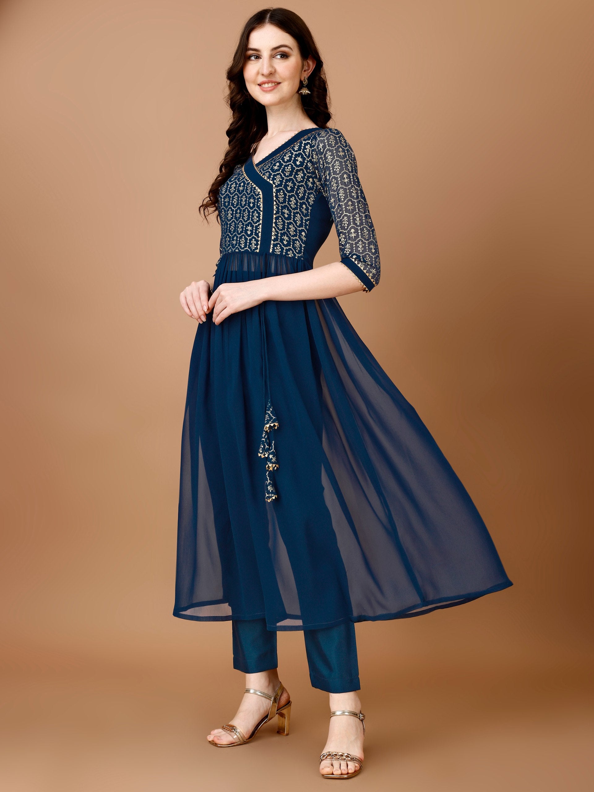 Jyoti Fashion Women's Teal Blue Georgette Foil Printed Kurta Set with Dupatta - Distacart