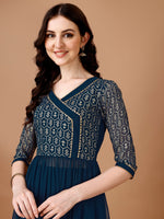 Thumbnail for Jyoti Fashion Women's Teal Blue Georgette Foil Printed Kurta Set with Dupatta - Distacart
