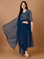Thumbnail for Jyoti Fashion Women's Teal Blue Georgette Foil Printed Kurta Set with Dupatta - Distacart