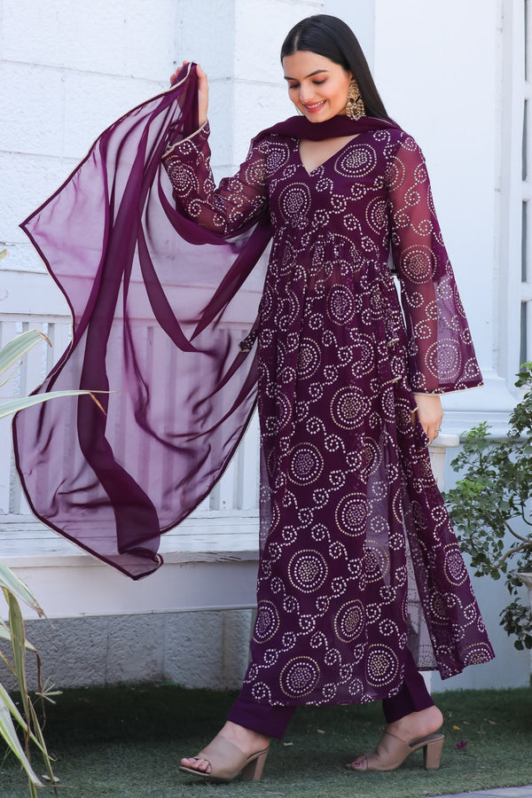 Jyoti Fashion Women's Wine Georgette Bandhani Print Kurta Set with Dupatta - Distacart