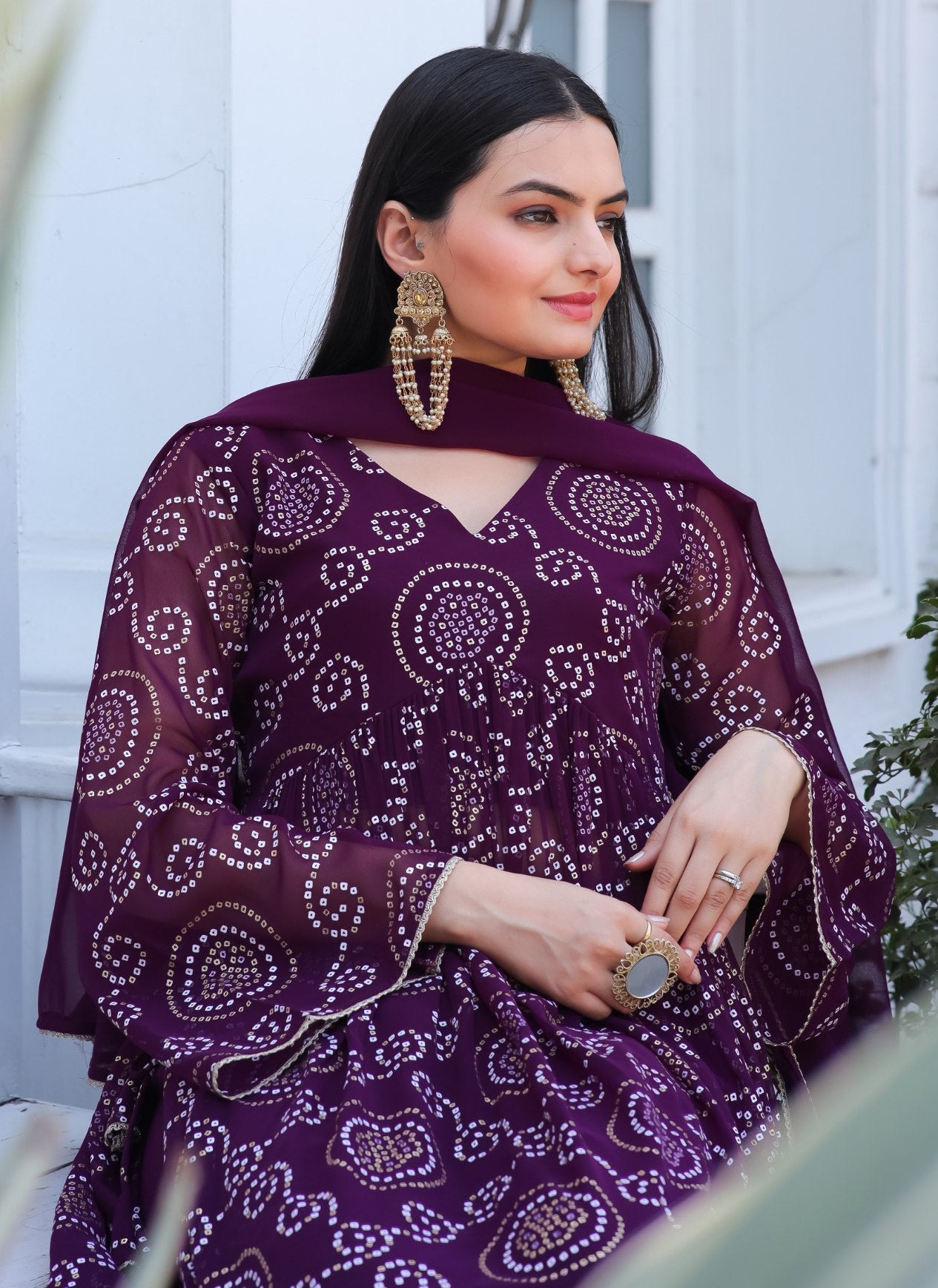 Jyoti Fashion Women's Wine Georgette Bandhani Print Kurta Set with Dupatta - Distacart