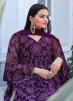 Thumbnail for Jyoti Fashion Women's Wine Georgette Bandhani Print Kurta Set with Dupatta - Distacart