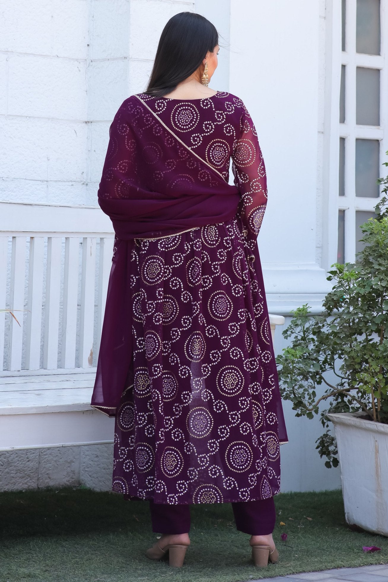 Jyoti Fashion Women's Wine Georgette Bandhani Print Kurta Set with Dupatta - Distacart