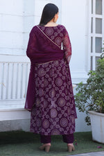Thumbnail for Jyoti Fashion Women's Wine Georgette Bandhani Print Kurta Set with Dupatta - Distacart